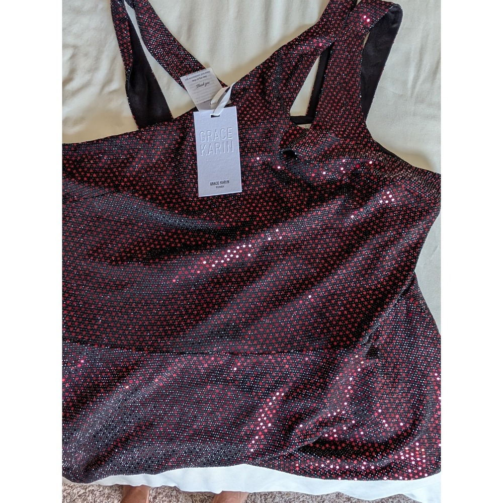 Grace Karin Red Black Metallic Sequin Peplum Top Criss Cross Back XL NWT‎